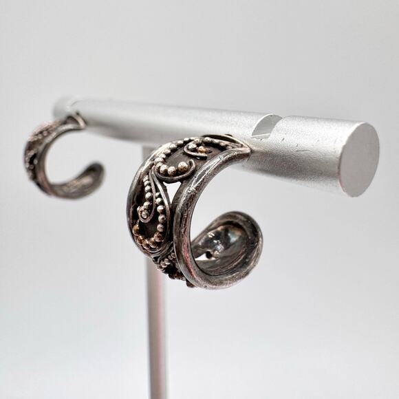 Vintage Silver Bali Style Scroll Beaded Wide Huggie Hoop Earrings Patina 4.08 G - Picture 6 of 15